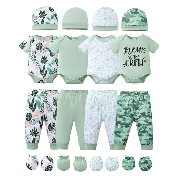 KIMI BEAR Newborn Preemie Baby Boys Layette Set 4 Packs Shower Gift Sets Romper Top Pants Set Short Sleeves Tops Letter Print Leaves Outfits Clothing 16pcs Essential Clothes Green