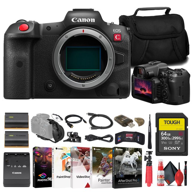 Canon EOS R5 C Mirrorless Cinema Camera 5077C002 Sony 64GB TOUGH SD Card Bag Charger LPE6 Battery Card Reader Corel Photo Software HDMI Cable Flex Tripod Hand Strap International Model