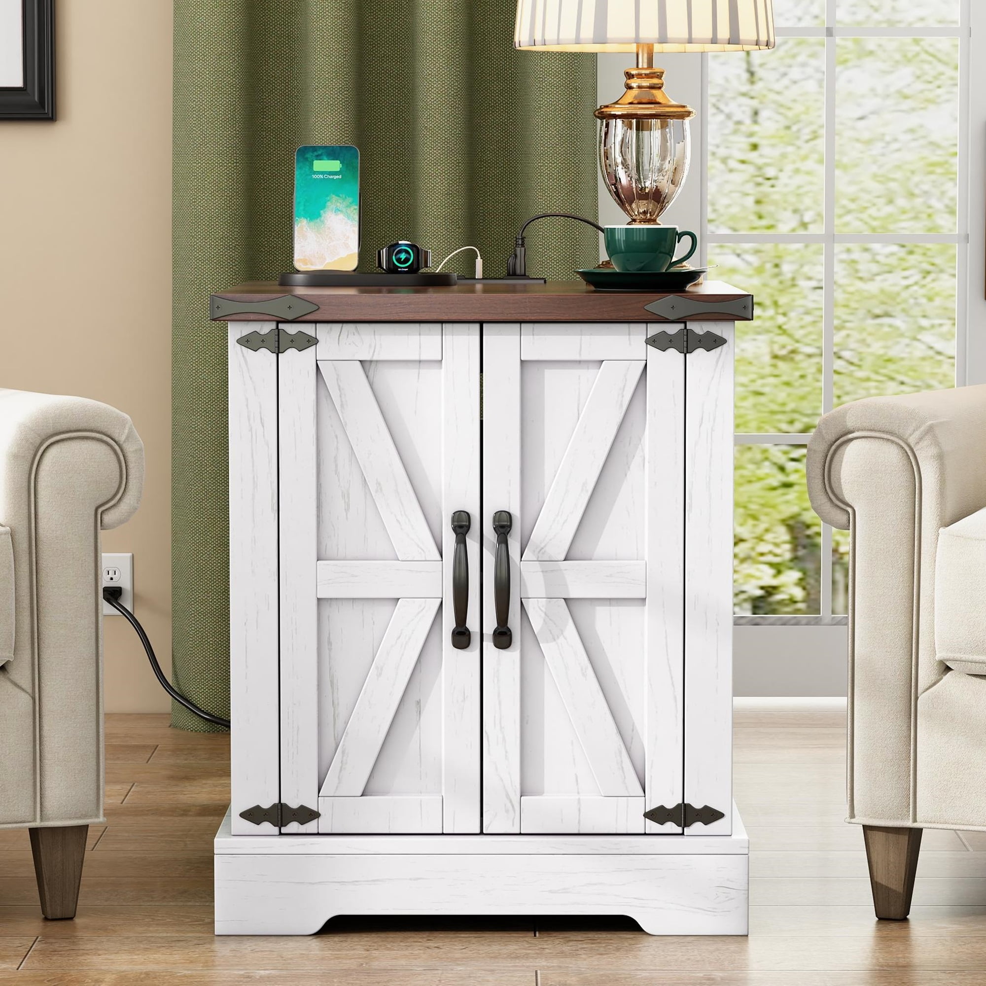 MAYEERTY Farmhouse End Table with Charging Station, Rustic Wood Nightstand with Adjustable Shelf, White