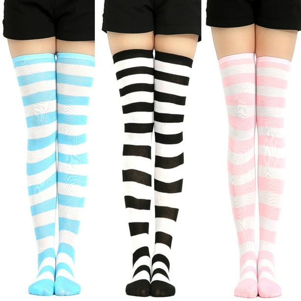 Xyer Sweet Women Stripe Thigh High Over The Knee Stockings Stretch Long Cosplay Socks Sapphire 3272