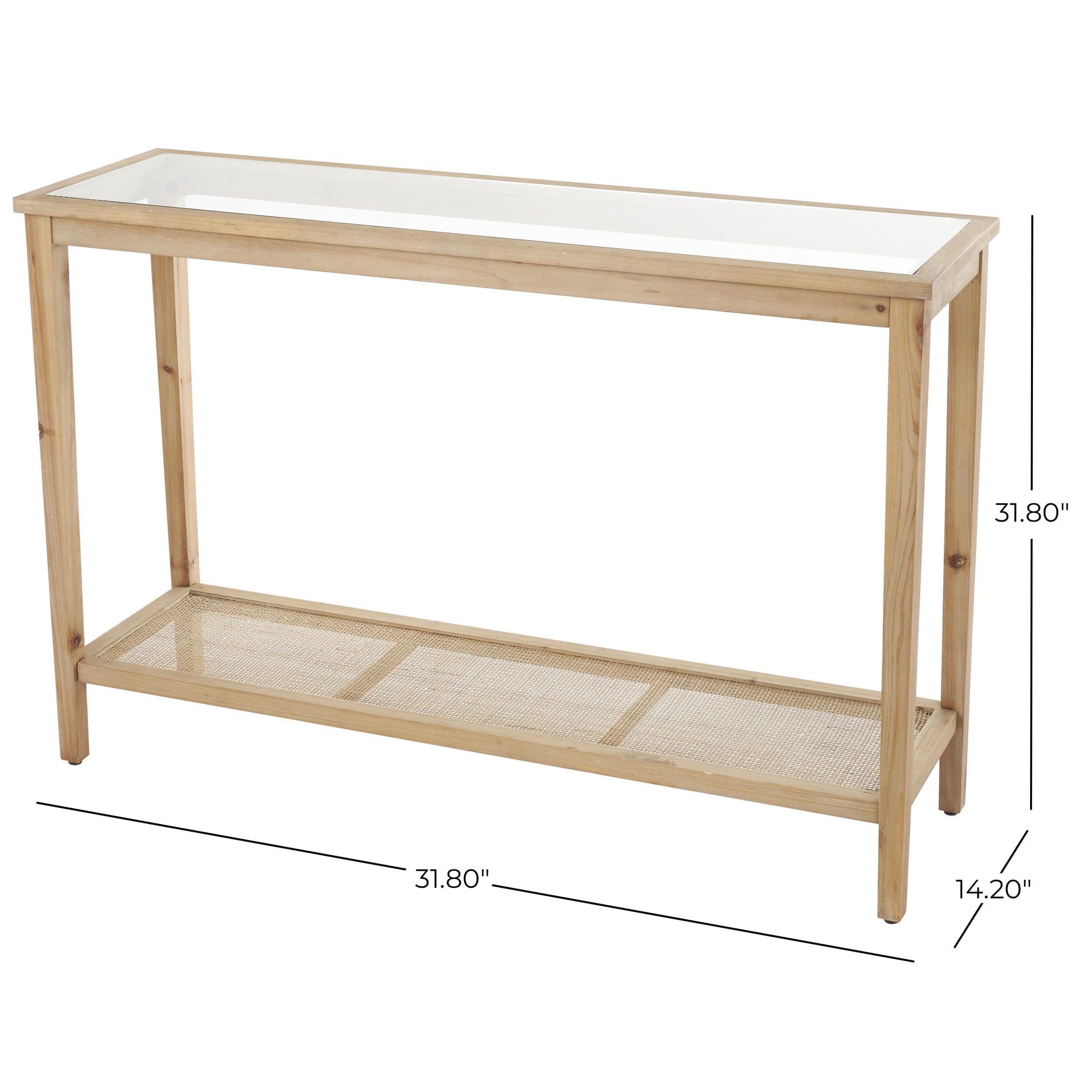 DecMode 47" x 32" Brown Wood Slim Natural Console Table with Glass Top and Rattan Shelf, 1-Piece
