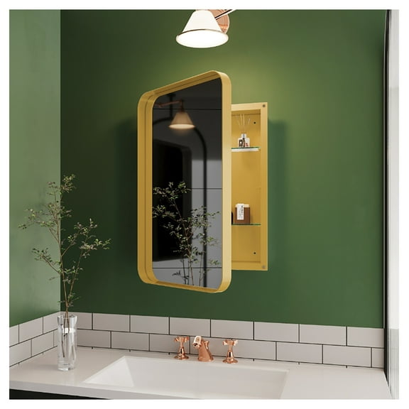 16x24 Inch Recessed Metal Framed Medicine Cabinet with Mirror and Adjustable Shelves Wall Mirror with Storage for Bathroom, Matte Golden   2   Adjustable Shelves   Bathroom   Farmhouse   Metal