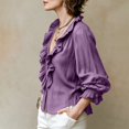 Sorvello Womens Ruffle Front Woven Blouse V Neck Button Down Puff ...