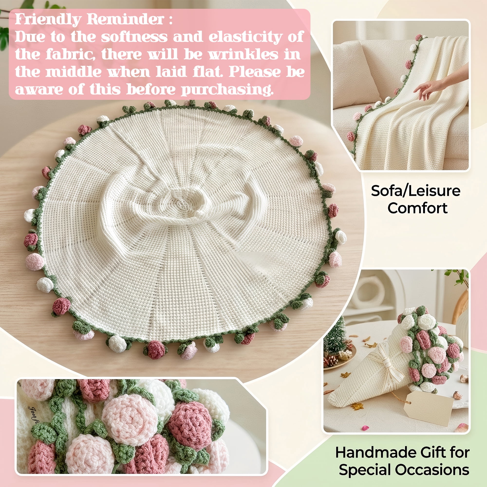 Hyindoor 38" Rose Flower Bouquet Blanket, Soft and Lightweight 3 Color Rose Knitted Throw Blankets Gifts for Birthday Wedding Mother's Day Valentine’s Day Christmas Home Decor