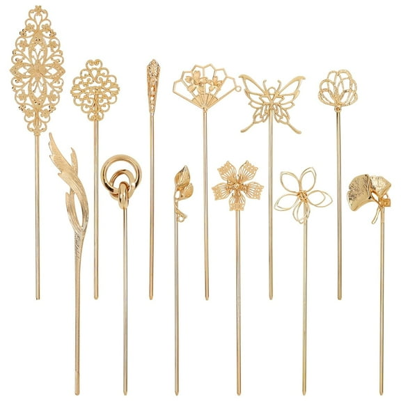 12 Pack Gold Decorative Chinese Vintage Butterlfy Flower Metal Hair Sticks Chopsticks Retro Hair Pins Forks Hairpins Hair Bun Updo Holders Long Thick Hair Accessories for Women Girls