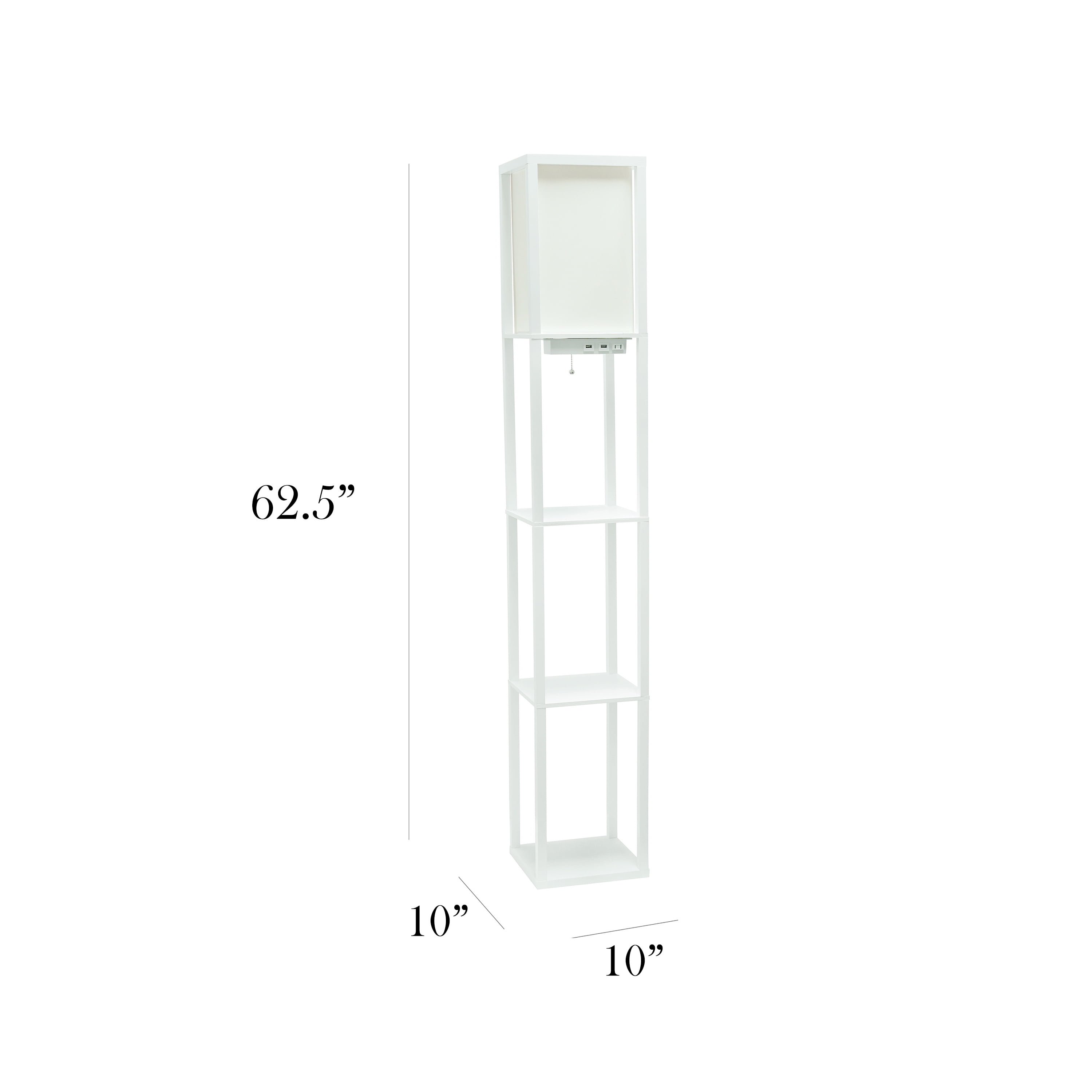 Simple Designs 62.5" 3-Shelf Etagere Floor Lamp with USB, Outlet & LED Bulb, White