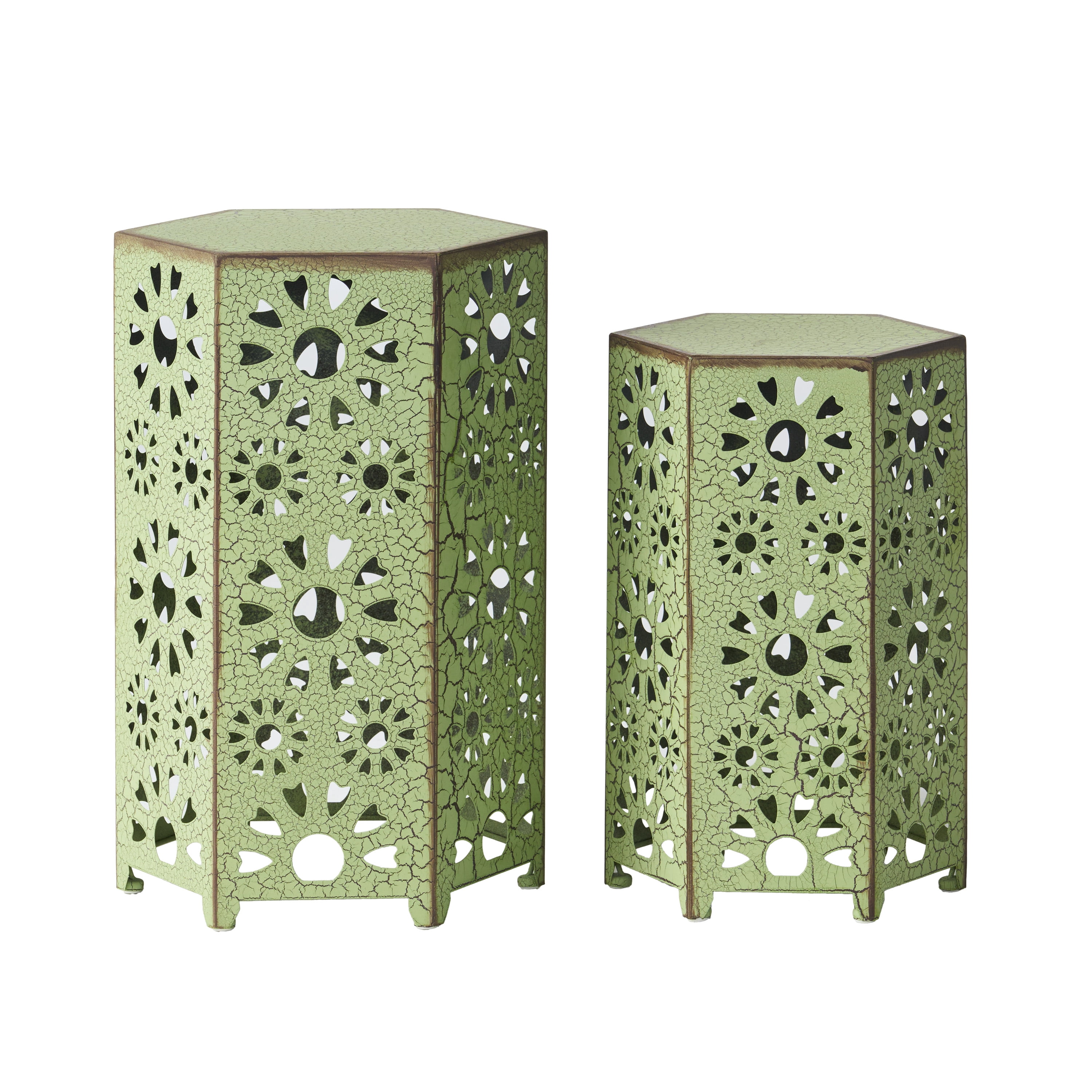 Outdoor Hollow Out Side Table Set of 2, Iron Craft Accent Tables for Patio Garden, Crackle Green