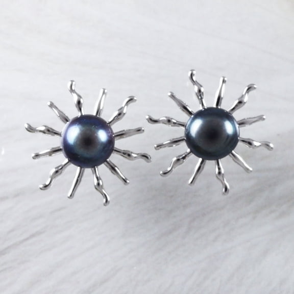 Unique Gorgeous Hawaiian Large Genuine Black Pearl Sun Earring, Sterling Silver Sun Stud Earring, E9356 Birthday Mom Gift, Statement PC