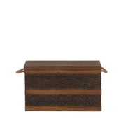 Household Essentials Decorative Trunk, Embossed Metal, Small, Chinese Fir Wood, Darkened Interior, Rope Handles, Flat y Opening Lid, Handmade, Walnut and Almond Stain