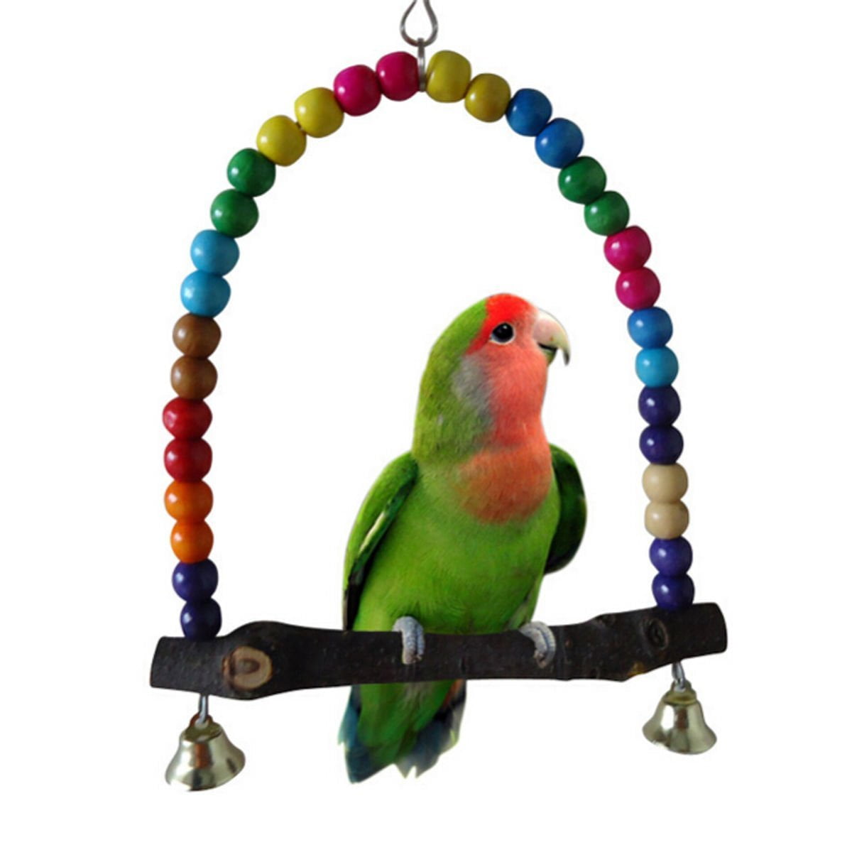 Parrot Birds Natural Wooden Play Toy Stand Holder Swing Bell Cage Pet Hanging 