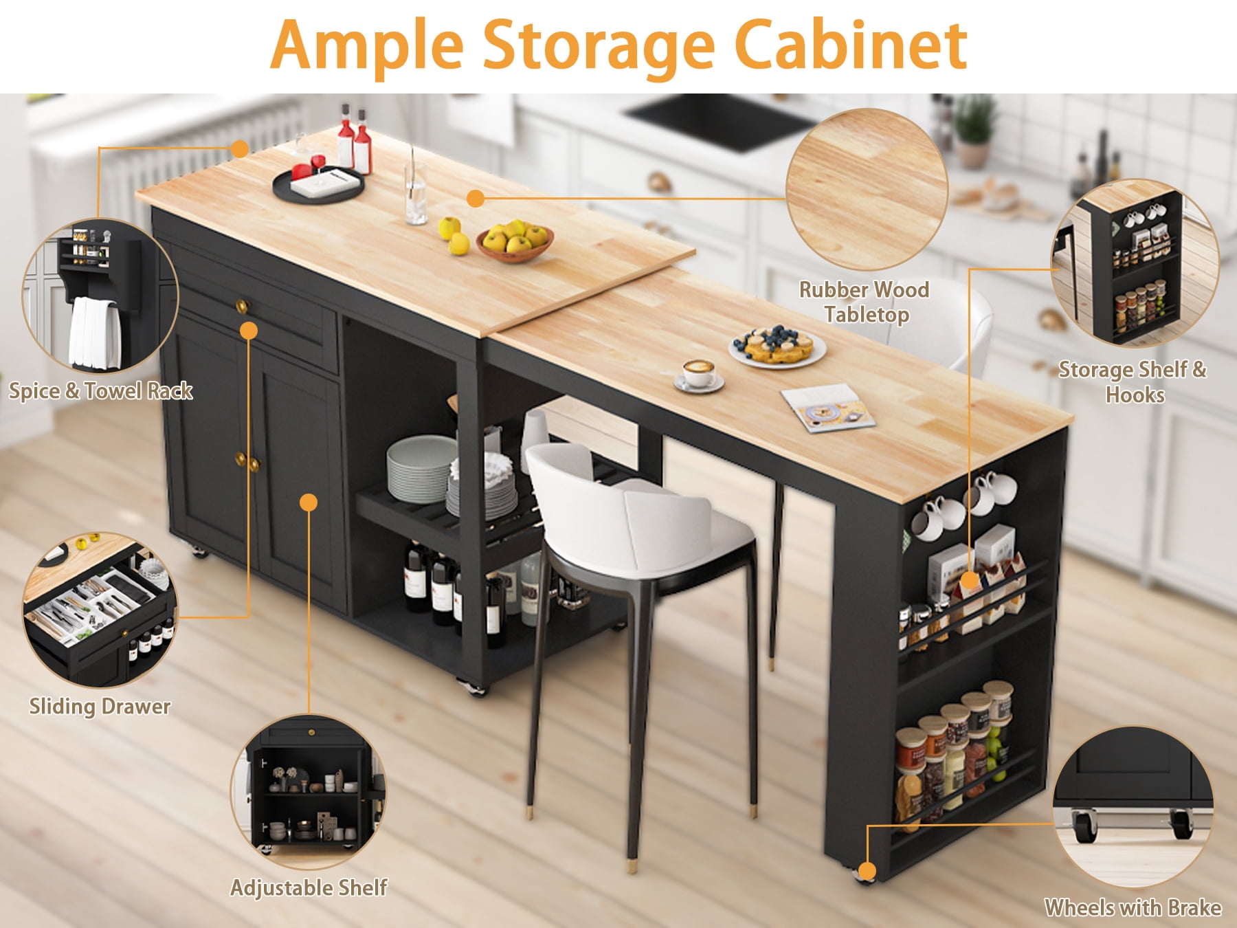 JassmiPkwy 77.8 " Rolling Kitchen Island with Extendable Dining Table, with Wheels, Sided Storage Shelf, Black
