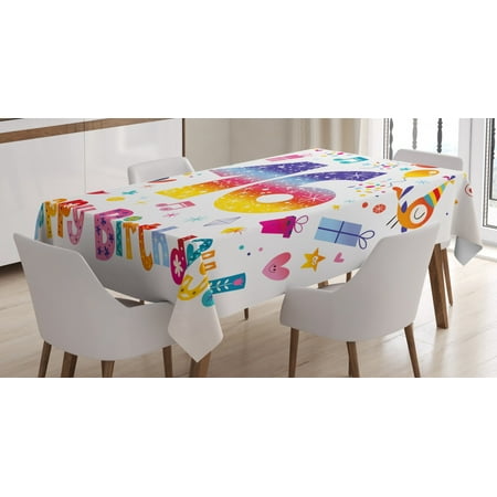 

16th Birthday Decorations Tablecloth Cute Teen Celebration Motif Hearts Balloon Bird Box Stars Design Rectangular Table Cover for Dining Room Kitchen 60 X 90 Inches Multicolor by Ambesonne