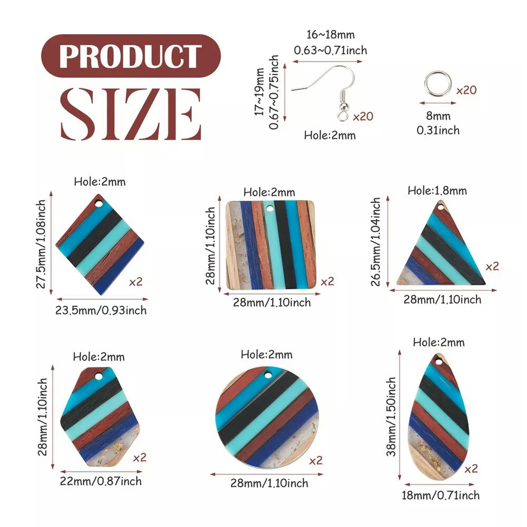 U8MO 1 Box Resin Walnut Wood Pendants Cyan Triangle DIY Geometry Earring Making Kit