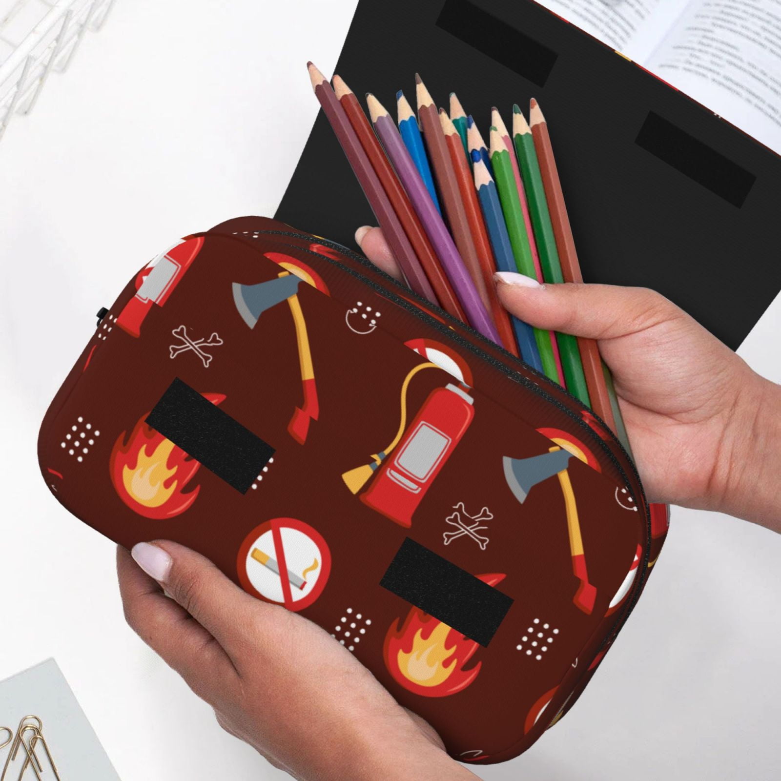 Rateoe Fire Extinguisher Pattern Double Clamshell Pen Case, Storage Organizer with Two Zipper Compartments– Holds Up to 50 Pencils & Pens