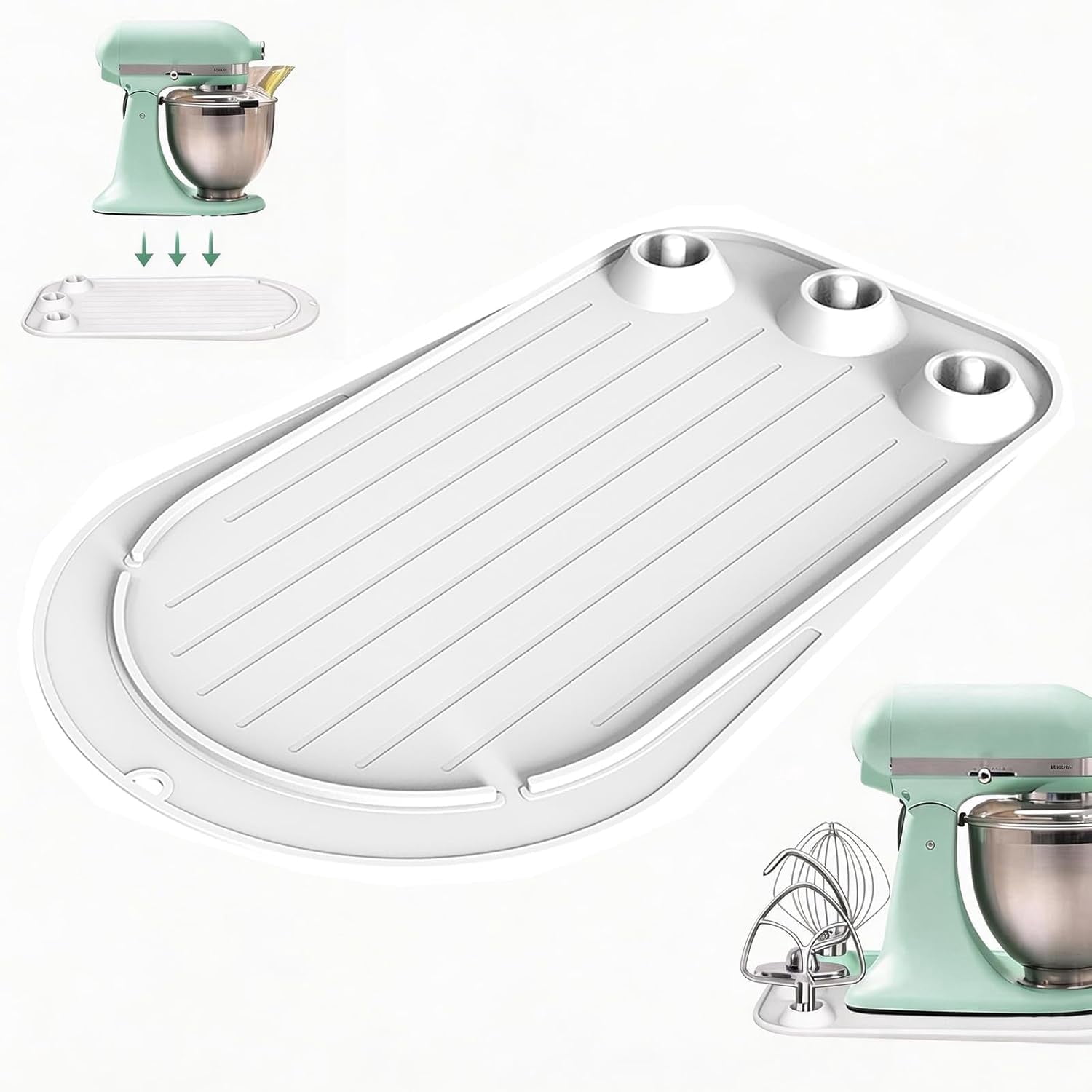 Silicone Mixer Sliding Mat for KitchenAid Stand Mixer with 3 Attachment Storage Slots, Mixer Mover Slider Mat, Roll Up Non-Slip Countertop Protector for 4.5-5 Quart Tilt-Head Mixers (White)