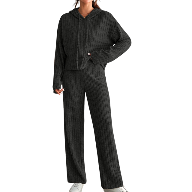 Womens Lounge Sets 2 Piece Matching Pajamas Fall Fashion Ribbed Knit Outfits Long Sleeve Casual Sweatsuits Black S