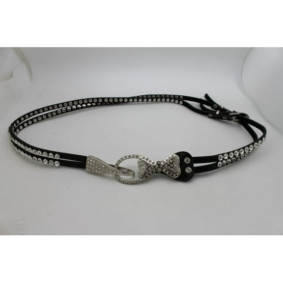 Black Faux Leather Belt Women Multi Silver Metal Beads Bow Buckle Size L