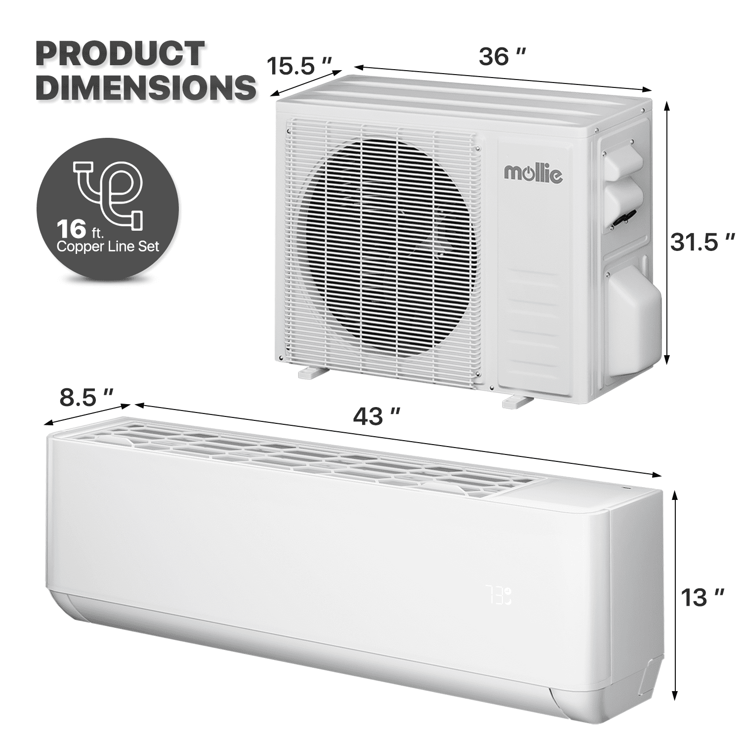 mollie 24000 BTU 20 SEER WIFI Enabled Mini Split Air Conditioner & Heater, Wall-Mounted AC Unit Cools Rooms up to 1500 Sq.Ft, Energy Efficient Inverter AC with Heat Pump, White