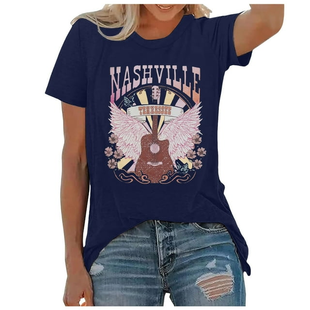 WEIYLL T-Shirts Femmes Musique Country Vintage Imprimé Graphique Manches Courtes T-Shirts Bleus Tailles TG