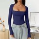 thumbnail image 2 of Camiseta sexy de cuello cuadrado y manga larga - Abrigo de otoño para chicas guapas, tejido suave y elástico, diseño a juego, adecuado para ocasiones informales, 2 of 5