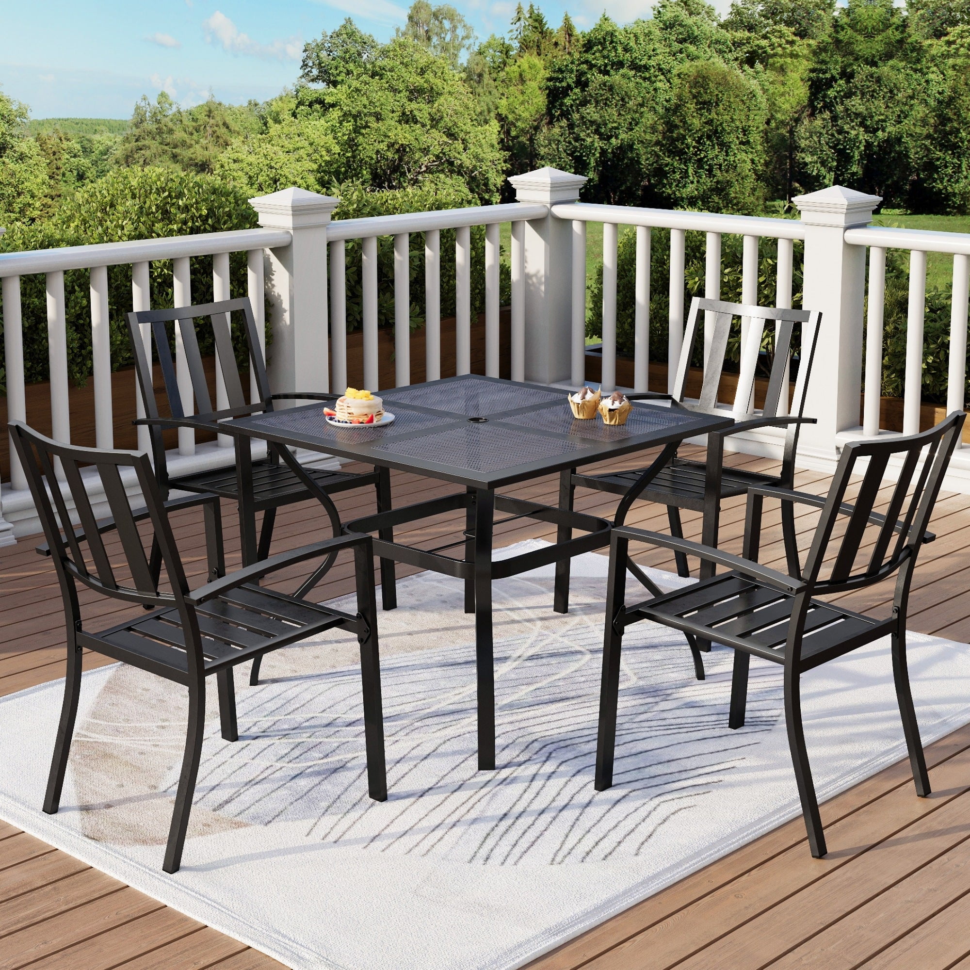 MF Studio 5-Piece Outdoor Patio Dining Set with Stacking Chairs & Square Mesh Table with Umbrella Hole, Black