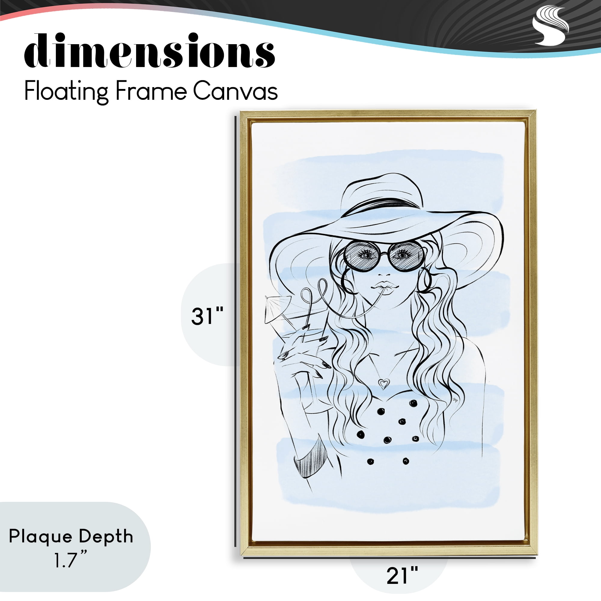 Stupell Industries Sipping Drink Girl in Sun Hat Gold Framed Floater Canvas Wall Art, design by Martina Pavlova