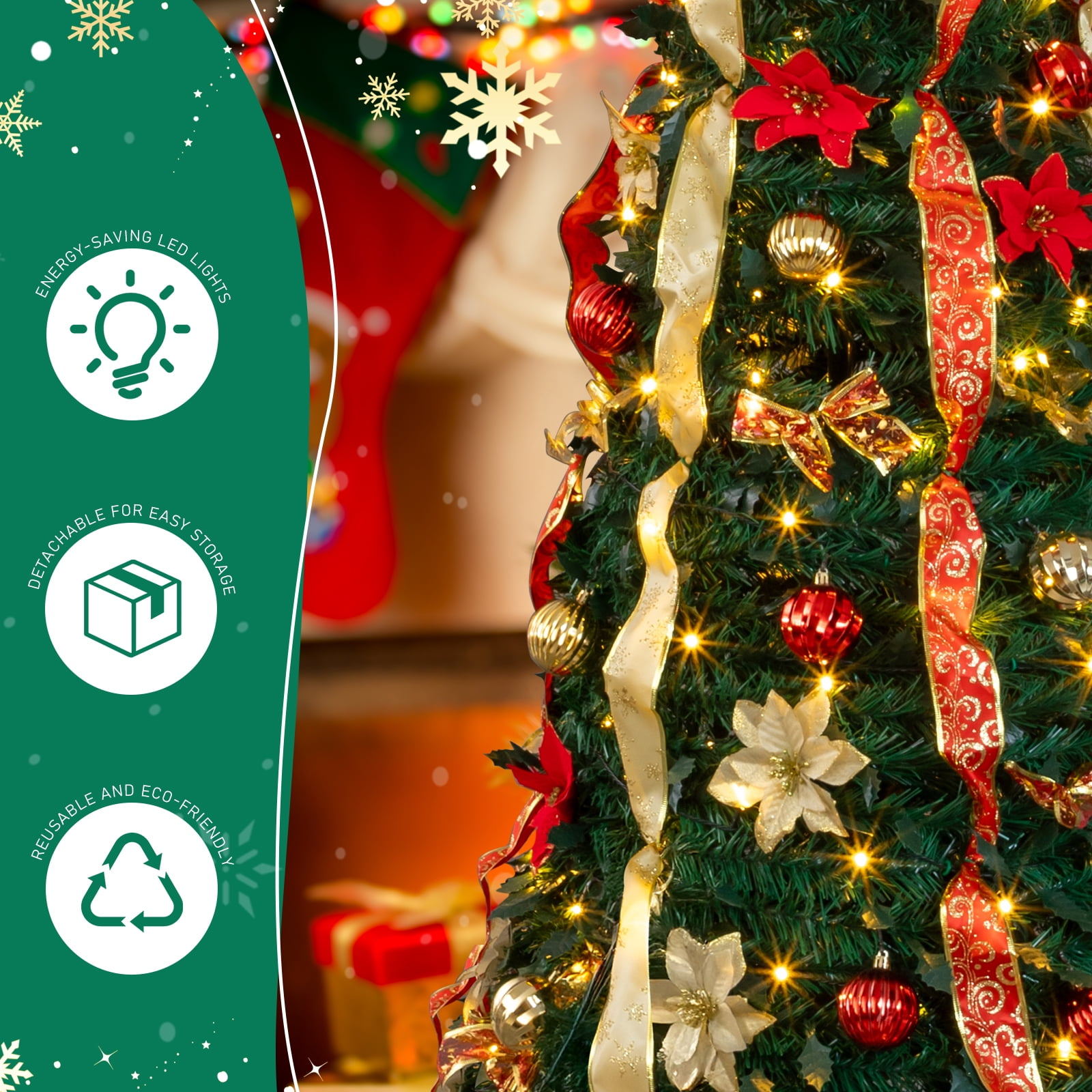 7 FT Fully Decorated Pre-lit Christmas Tree, Pop Up Artificial Xmas Tree with 200 Warm Lights Remote Control and Red & Golden Ornaments for Home Office Store Holiday Decor