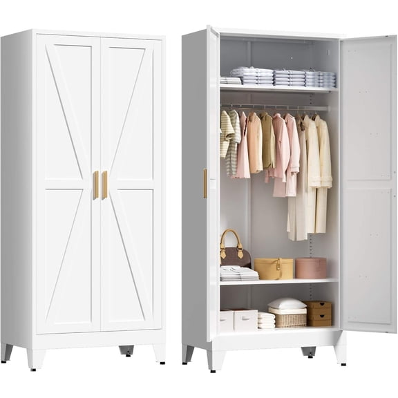71" Tall Metal Wardrobe Closet with Adjustable Shelves and Hanging Rod, Free-Standing Armoire Cabinet for Bedroom or Office, White