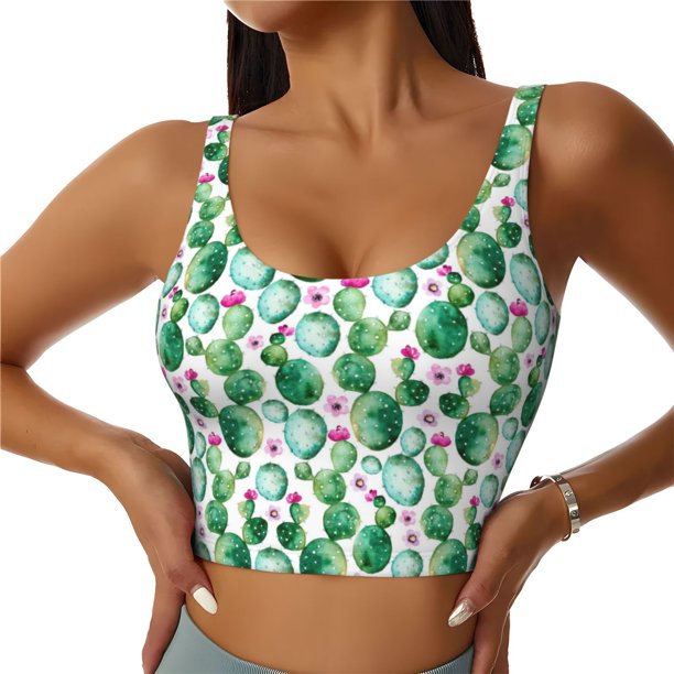 Fotbe Cactus Plants Sujetador Deportivo Largo sin Aros para Mujer con Almohadillas y Soporte Medio, Transpirable y Absorbente, Camiseta Tipo Chaleco o Tank Top-Small