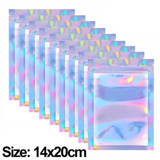 Bolsas de plástico holográficas para almacenamiento de alimentos, bolsas de sellado láser de 50/10 piezas, resellables, para dulces, collares, joyas, regalos, embalaje de cocina