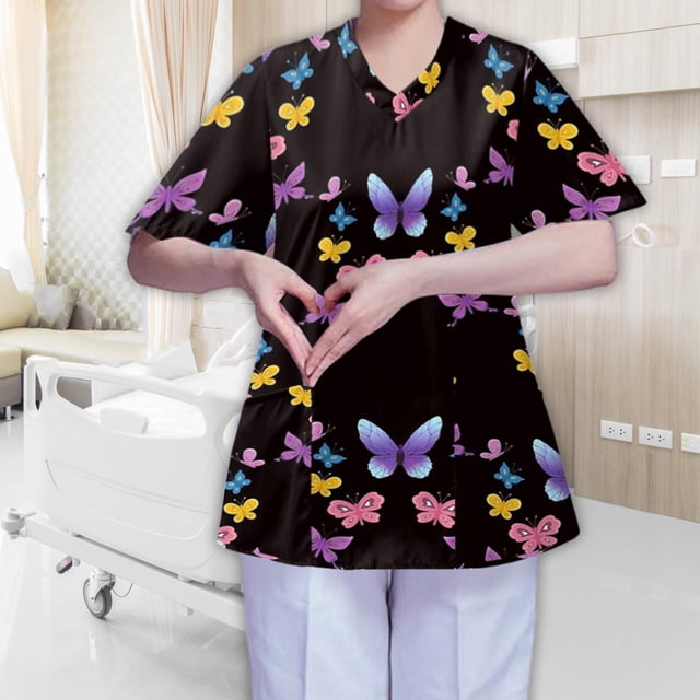 Camisa con cuello en V para mujer, top exfoliante de uniforme de enfermera, uniforme de trabajo de enfermera de manga corta, top exfoliante SG