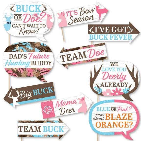 Big Dot of Happiness Funny Buck or Doe - Hunting Gender Reveal Party Photo Booth Props Kit - 10 Piece