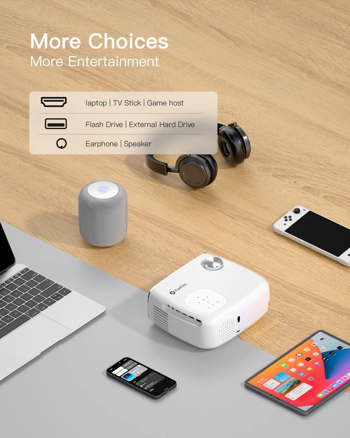 FunFlix 1080P Portable Projector 9500L HD Mini Projector with 5G WiFi and Bluetooth 360° Speaker 200" Display
