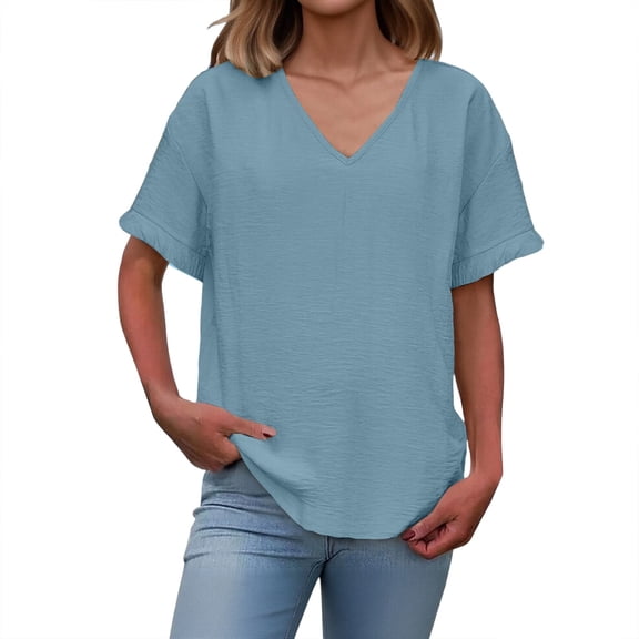 TKLPEHG Womens Tops Casual Short Sleeve Top Cotton Linen Tops Solid Color Comfy Loose Fit Regular V-Neck Blouses (Blue,XXL)