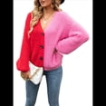 thumbnail image 2 of Cárdigan de Cuello en V para Mujer, Suéter de Otoño, Suéter Corto Suave de Acrílico de Larga para Invierno Rosa Roja XL, 2 of 10