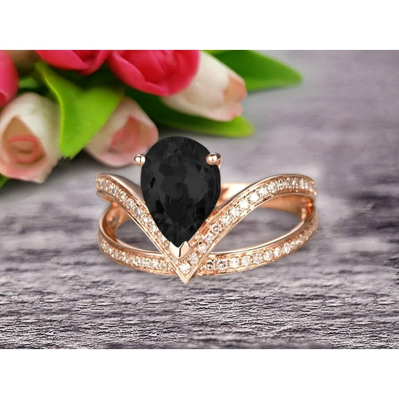 8x5mm Pear Shape 2 Carat Black Diamond Moissanite Engagement Ring Wedding Ring Anniversary Ring On 10k Rose Gold Curved V Split Shank Band Glaring Staggering Ring