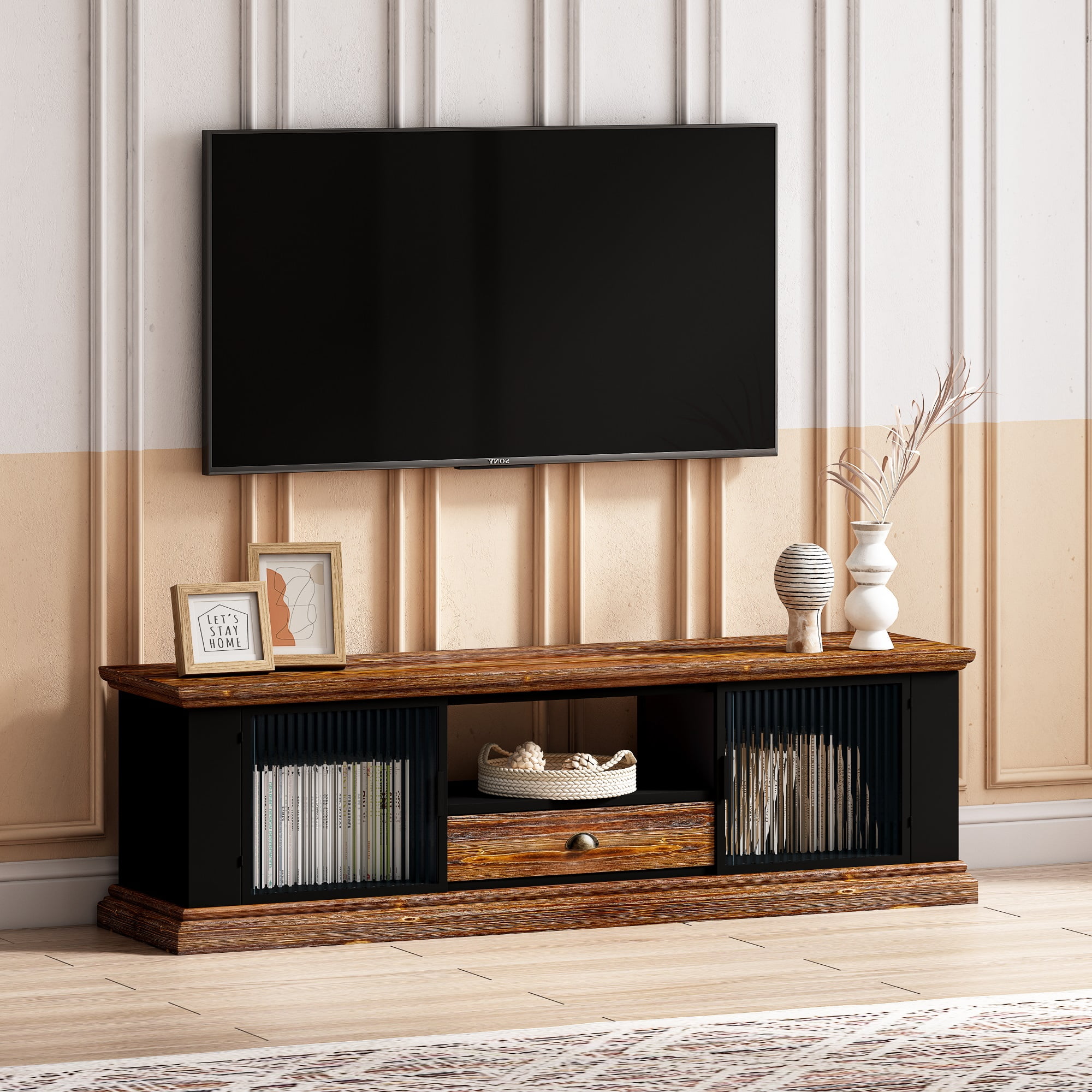 Resenkos Modern TV Stand with 2 Storage Cabinets and Drawer, TV Console Table Media Entertainment Center for Living Room Black&Brown Resenkos Modern TV Stand with 2 Storage Cabinets and Drawer, TV Console Table Media Entertainment Center for Living Room Black&Brown