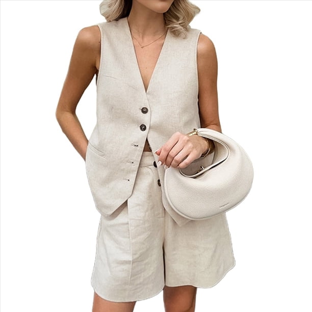 Conjuntos de Verano para Mujer, Conjunto de Dos Piezas para Vacaciones, Conjunto Corto con Botones, Ropa Informal de Negocios y Elegante de Dos Piezas. Caqui L
