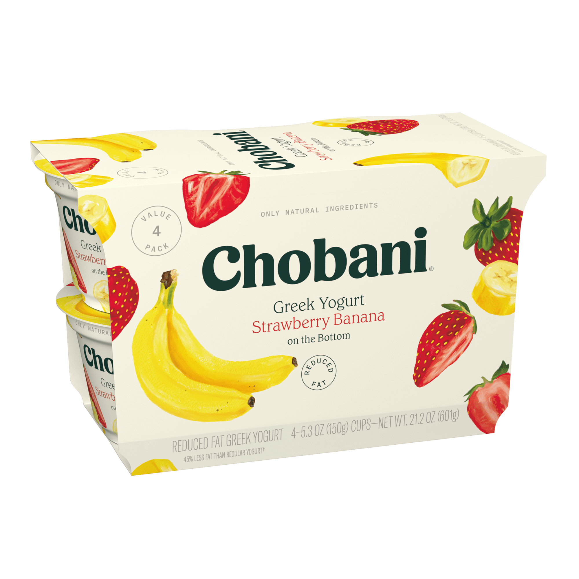 Chobani Reduced Fat Greek Yogurt Strawberry Banana on the Bottom 5.3 oz Cup, 4 Pack