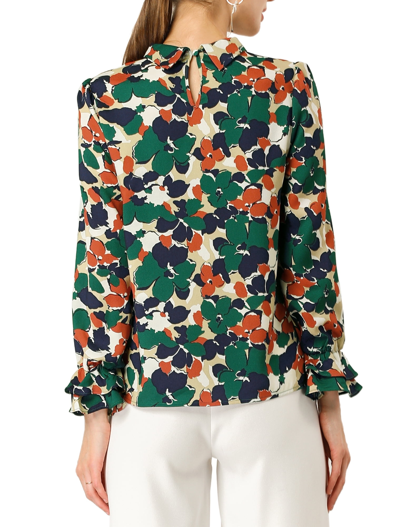 DARING DIVA Women's Tie V Neck Floral Shirt Trumpet Blouse L Green