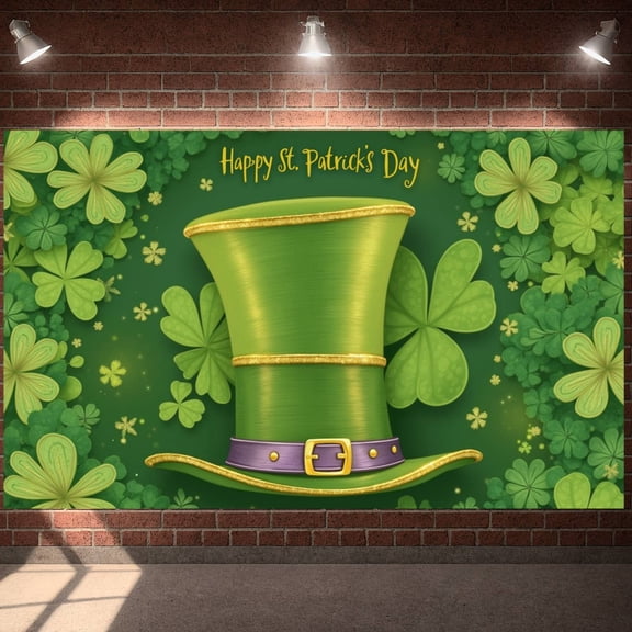 Green Theme St. Patrick's Day Banner Shamrock Pattern Clover Backdrop Gold Accents Leprechaun Hat Design Festival Display for St. Patrick's Day Party Festival Indoor Decoration