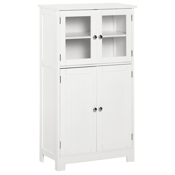 kleankin Bathroom Storage Cabinet with Tempered Glass Doors and Adjustable Shelf, Small Floor Kitchen Cupboard, Free Standing Organizer for Living Room Entryway, White