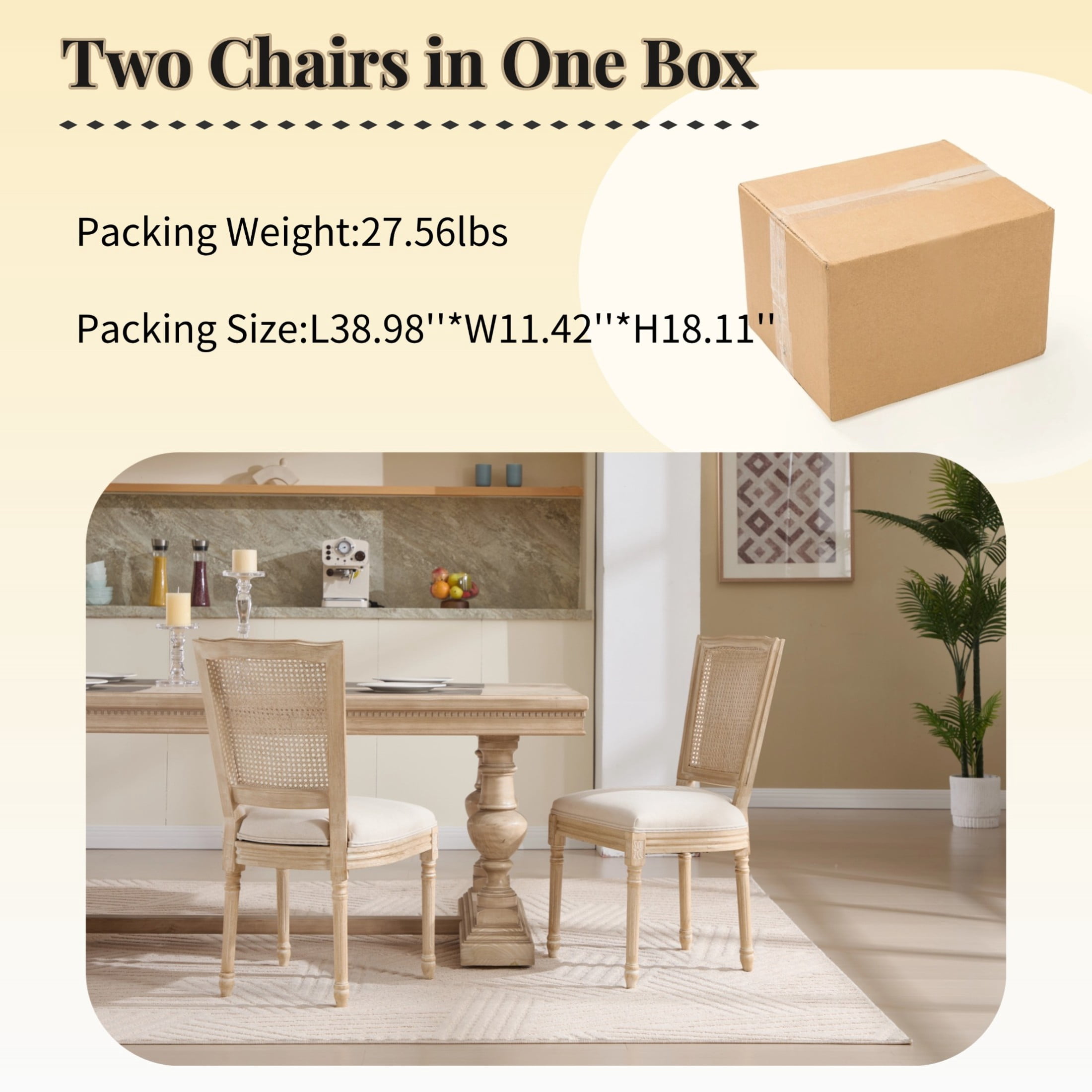 Noble House French Country Dining Chairs with Natural Rattan Back and Carved Wood Legs, for Living Room, Beige, Set of 2