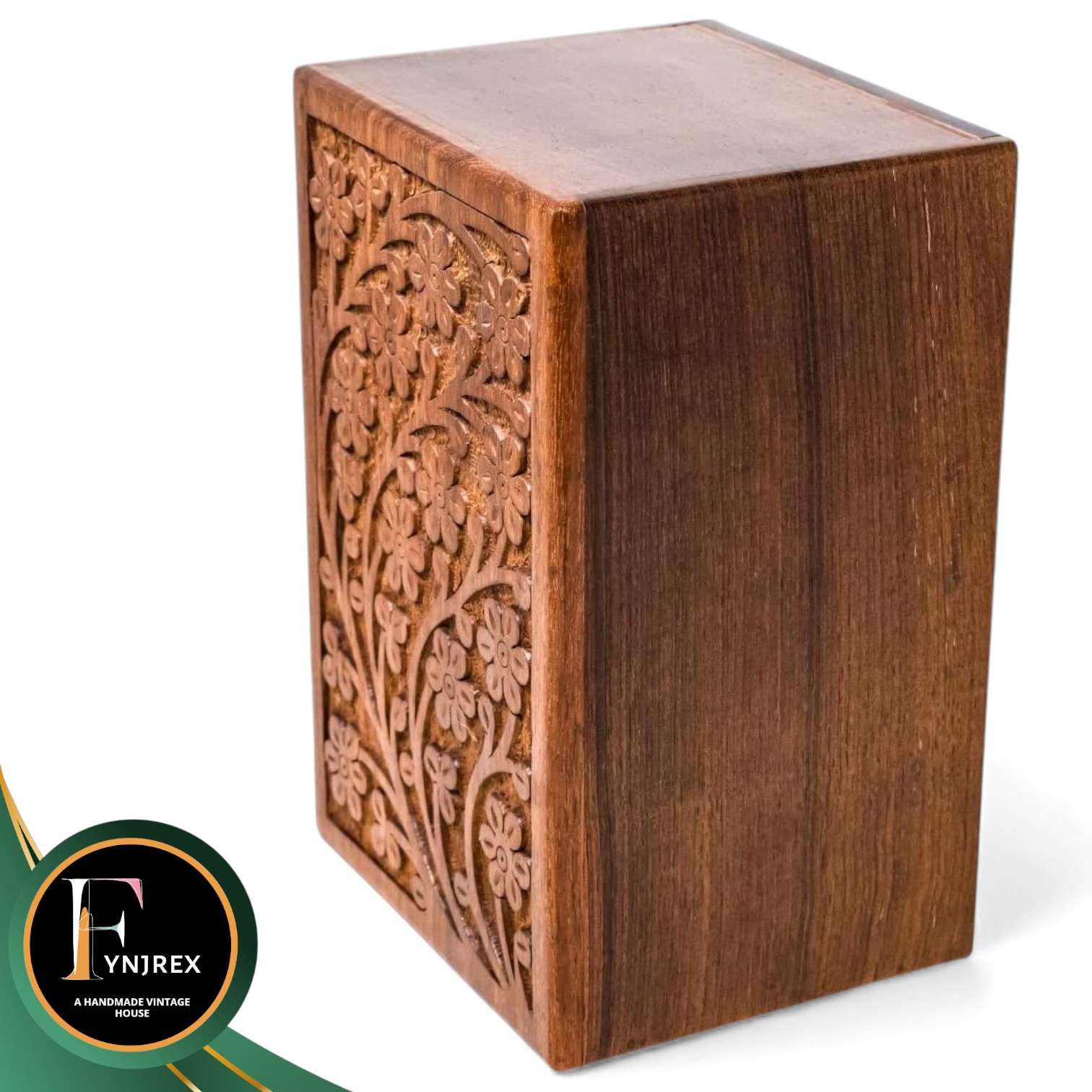 Handcrafted Wooden Cremation Urn for Human Ashes – Large Rosewood Memorial Box with Floral Carving, Keepsake Funeral Urn for Men and Women