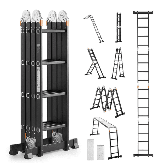 Folding Ladder 7-in-1 15.5ft - Multi-Position Aluminum Step Ladder with Scaffolding - Heavy Duty 330lbs Capacity