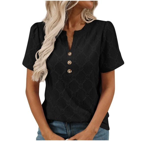 Zpanxa Womens Summer Tops, Blouses for Women, Women's Solid Color Blouses Hollow Short Sleeve V-Neck Button Fashion Top