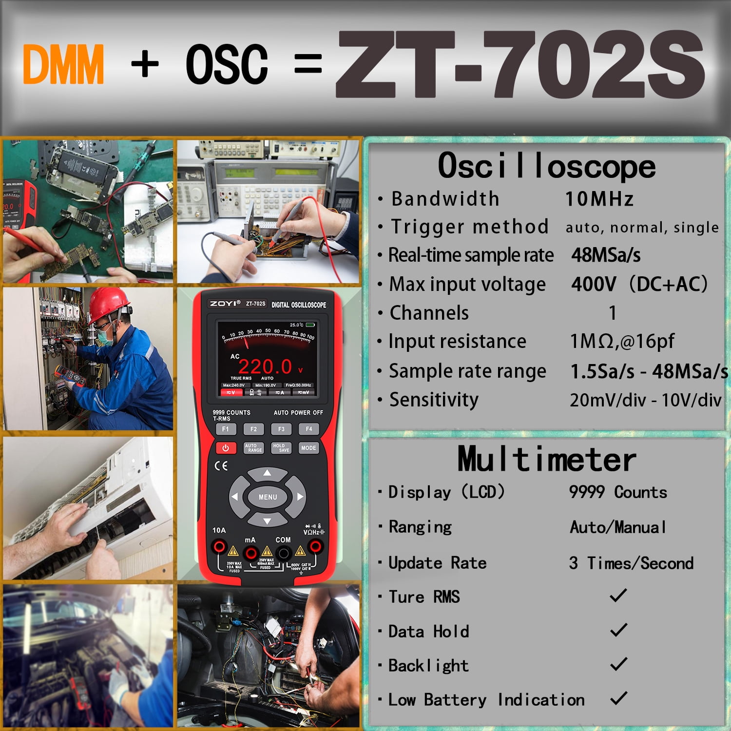 702S 2 n 1 oscilloscope multimeter, 10MHz Bandwidth, 48MSa/s Sampling, 2.8" IPS Display, USB Type-C Rechargeable, 9999 Counts T-RMS for Voltage and Waveform Testing