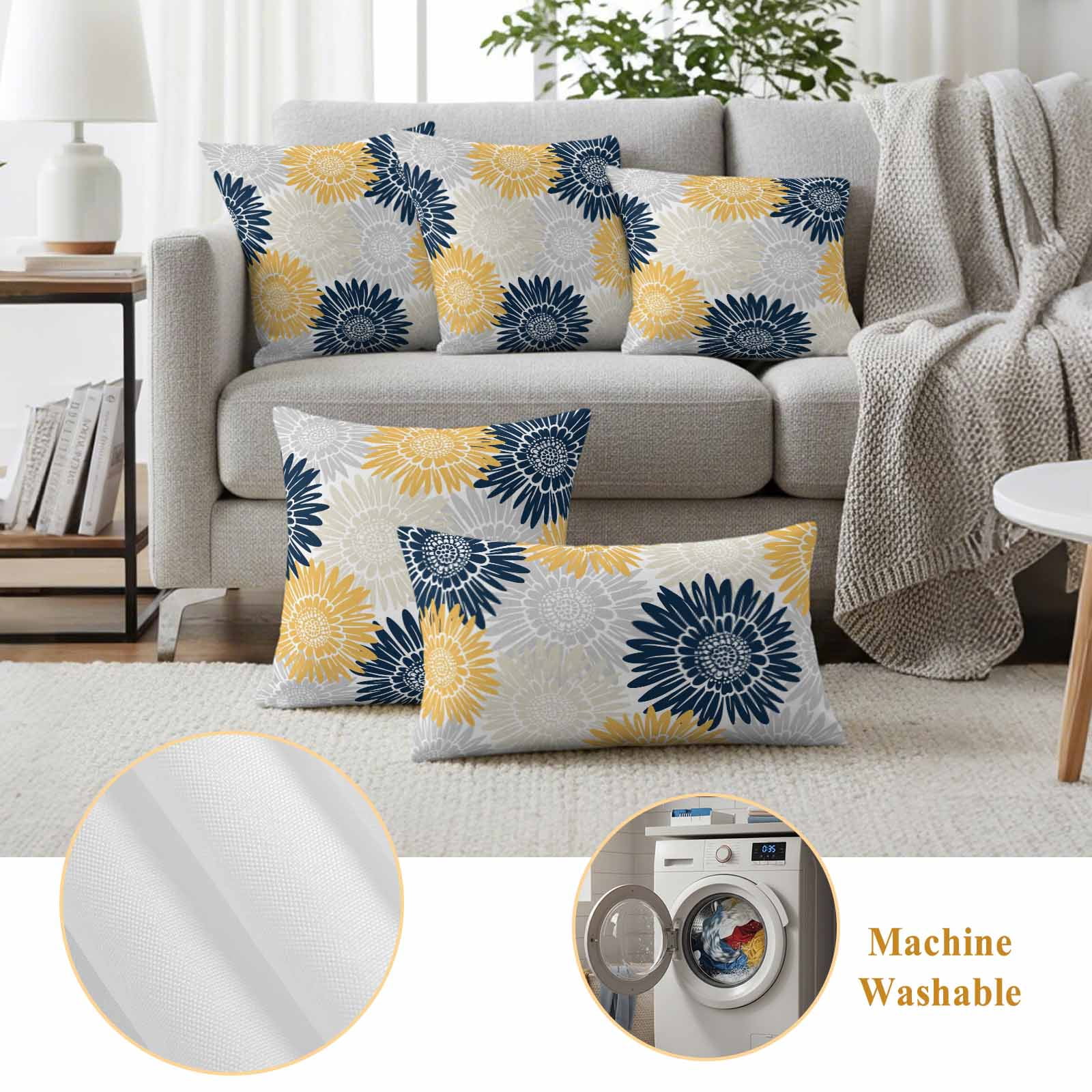 Yellow Grey Sunflowers Outdoor Waterproof Throw Pillow Covers 24x24 Set of 2, Boho Vintage Floral Rustic Blossom Pillowcases Cushion Pillowcase for Couch Sofa Patio Outside Pillow Protector