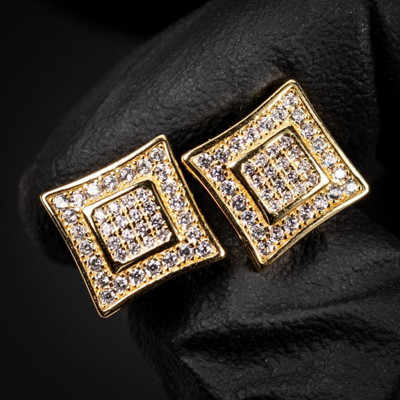 Men’s Square Yellow Gold Plated 925 Sterling Silver Screw Back Post Micro Pave 3D Iced 5A Cz Hip Hop Stud Earrings