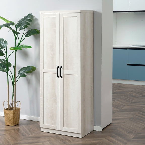 Dtwnek 63" Kitchen Pantry Cabinet with 5 Shelf and 2 Door, Freestanding Storage Cabinet for Dining Room, Antique White